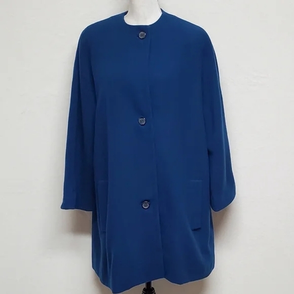 Rare Vintage 1970s Anne Klein Blue Wool Cashmere Pleated Topcoat Swing Coat - Picture 4 of 16